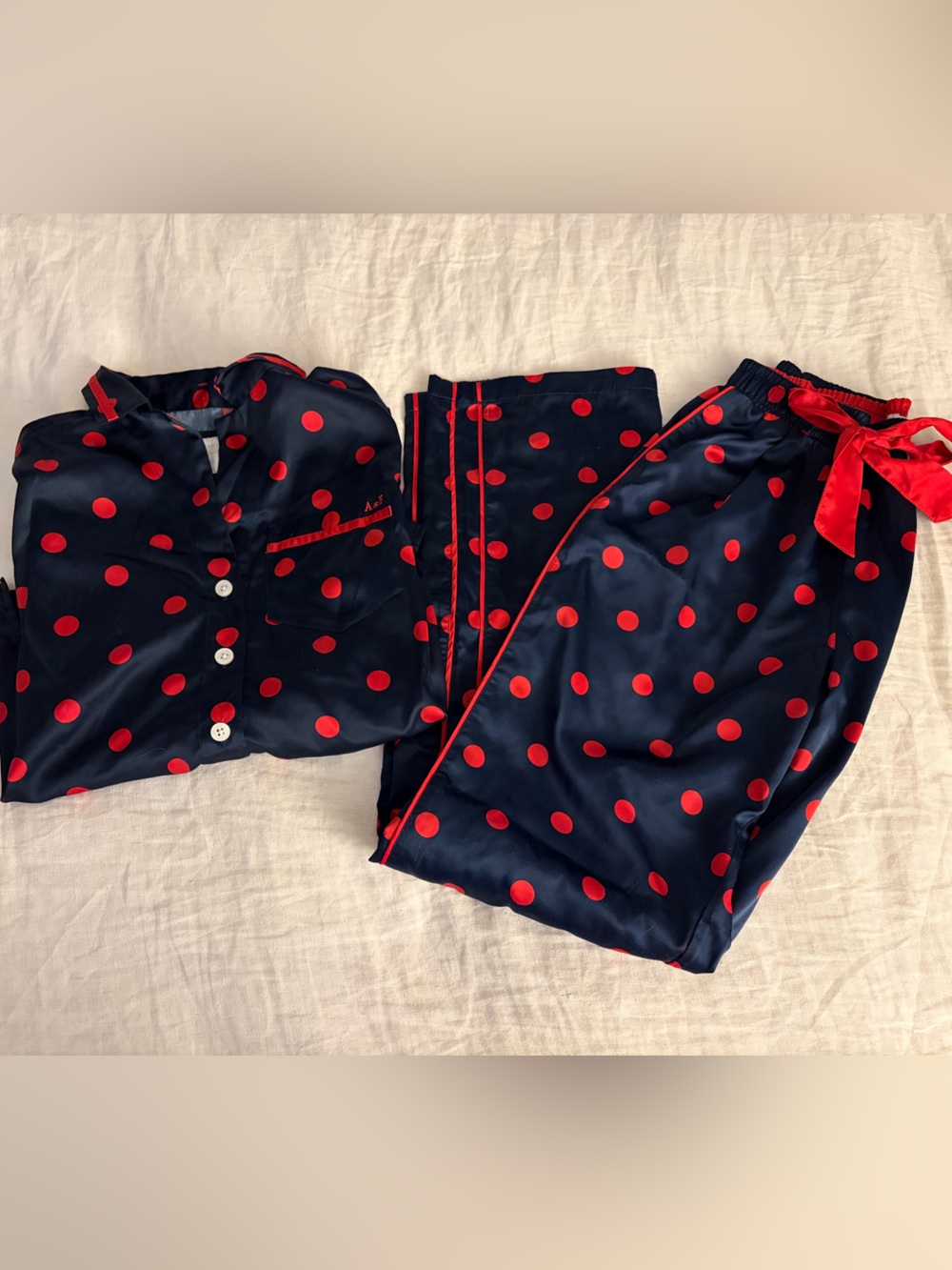 Abercrombie & Fitch Navy Satin Pajama Set with Red Polka Dots